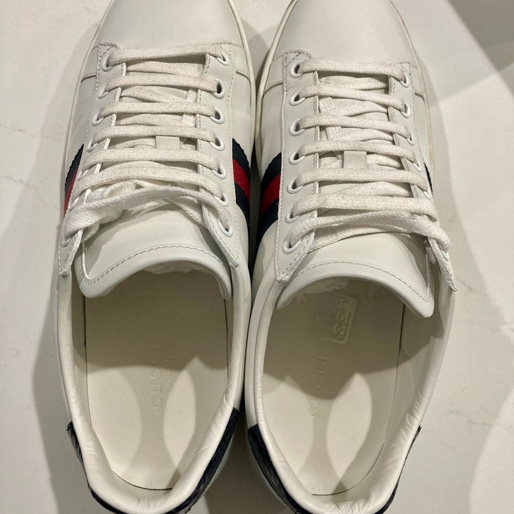 Gucci White Leather Sneakers with Navy and Red Web Stripe - Picture 5 of 11